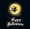 Halloween. Full moon witch flying on broom. Vector illustration