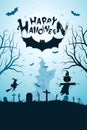 Halloween Funny Background with Bat and Haunted House. Royalty Free Stock Photo