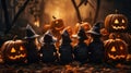 Halloween Funny kids in witch costumes. Children and pumpkins in a spooky night forest mysterious darkness and scary scene Royalty Free Stock Photo