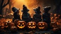 Halloween Funny kids in witch costumes. Children and pumpkins in a spooky night forest mysterious darkness and scary scene Royalty Free Stock Photo