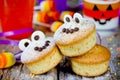 Halloween funny monster muffins with chocolate eyes for treat kids on holiday