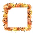 Halloween funny pumpkin scary face square frame. Watercolor illustration. Halloween decor frame from orange and yellow Royalty Free Stock Photo