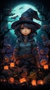 Halloween game card halloween, girl in the style of colorful pixel, japanese folklore. AI Generative