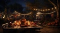 A Halloween garden party setting in a front yard, with artistically carved pumpkins serving as centerpieces