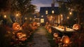 A Halloween garden party setting in a front yard, with artistically carved pumpkins serving as centerpieces