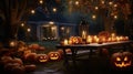 A Halloween garden party setting in a front yard, with artistically carved pumpkins serving as centerpieces