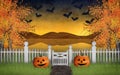 Halloween garden with pumpkins and a beautiful autumn landscape in the background where the bats fly in the sky