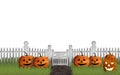 Halloween garden with pumpkins in front of a fence