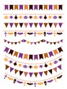 Halloween garland. Festive buntings with pumpkins, spiders and skull for greeting cards invitations, colorful flags flat