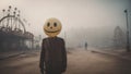 Halloween ghost balloon head figure in the abandoned theme park AI created