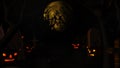 Halloween with ghost, bats and pumpkins, graves, at misty night spooky with fantastic big moon in sky. 3D rendering