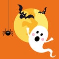 Halloween ghost with black spider and bat. Halloween background with full moon Royalty Free Stock Photo