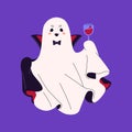 Halloween ghost with bow tie wearing dracula costume for masquerade. Cute spook hold wine, blood glass. Friendly phantom