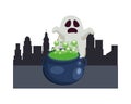 Halloween ghost cartoon with witch bowl at city vector design