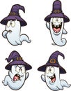 Halloween cartoon ghost with witch hat and different expressions