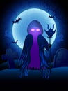 Halloween Ghost glowing eyes and magic stick on his hand and dark castle on blue Moon background, illustration.with flying bats