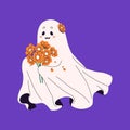 Halloween ghost hold bouquet. Cute spook with orange flowers. Friendly spirit with posy. Funny phantom with floral decor