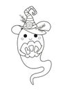 Halloween ghost holding pumpkin in witch hat coloring page. Outline cartoon illustration