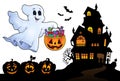 Halloween ghost near haunted house 4 Royalty Free Stock Photo