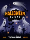 Halloween ghost party. Night cemetery background with flying horror phantoms and bats. Trick-or-treat banner. Scary dark