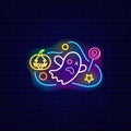 Halloween ghost with pumpkin and candy neon sign. Night bright promotion. Isolated vector stock illustration Royalty Free Stock Photo