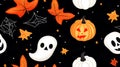 Halloween ghost pumpkin pattern with orange leaves and spider web on black background creates festive mood Royalty Free Stock Photo