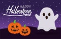 Halloween ghost and pumpkins cartoons with bats vector design