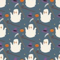 Halloween ghost seamless pattern background night rip party trick or treat candies vector illustration. Royalty Free Stock Photo