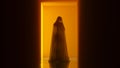 Halloween Ghost in a Simple Pumpkin Orange Corridor with a Polished Floor Creepy Woman Evil Demon Ghostly Figure