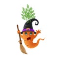 Halloween ghost vegetables. Cartoon carrot monster, witch wearing hat and broom