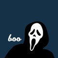 Halloween ghost with white mask speaking boo. Vector demon character.