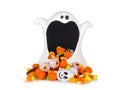 Halloween ghost wide mouth bowl with spilling candy isolated on white