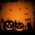 Halloween ghostly poster with pumpkins in cemetery template