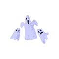 Halloween ghosts. Cute funny boo characters. Spooky phantoms in doodle style. Scary horror spooks family. Childish flat