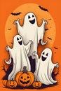 Halloween ghosts with funny pumpkin on orange background. Happy halloween holiday concept. Royalty Free Stock Photo