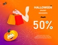 Halloween Gift promotion Coupon banner or party invitation, fifty percent off discount, sale. Orange smiling pumpkin