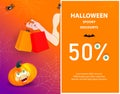 Halloween Gift promotion Coupon banner or party invitation, fifty percent off discount, sale. Orange smiling pumpkin Royalty Free Stock Photo