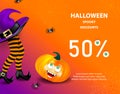 Halloween Gift promotion Coupon banner or party invitation, fifty percent off discount, sale. Smiling pumpkin face and Royalty Free Stock Photo