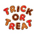 Halloween gingerbread cookies. Colorful letters Trick or Treat. Cartoon hand drawn vector illustration