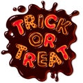 Halloween gingerbread cookies. Trick or Treat letters in puddle of chocolate. Vector.