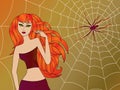 Halloween girl against large cobweb with big spider Royalty Free Stock Photo