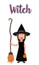 Halloween girl dressed in a witch standing with broom in hand holds pot candy.