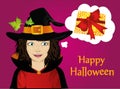 Halloween.Girl in hat and witch costume. Girl makes a wish. Royalty Free Stock Photo