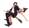 Halloween girl witch on broom bear man. Royalty Free Stock Photo