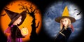 Halloween girls costumes in two backgrounds