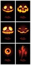 Halloween glow pumpkin lantern on dark background card.