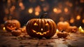 Halloween glowing pumpkin decorations. Holiday Halloween concept with bokeh orange background. Jack-o\'-lantern symbol