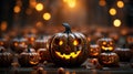 Halloween glowing pumpkins. Holiday Halloween concept with bokeh orange background. Jack-o\'-lantern symbol