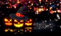 Halloween Glowing Three Pumpkins Night City Bokeh Background 3D