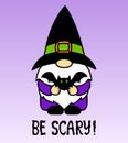 Halloween gnome with bat. Be scary phrase. Cute cartoon character in a wizard hat. Holidays greeting card